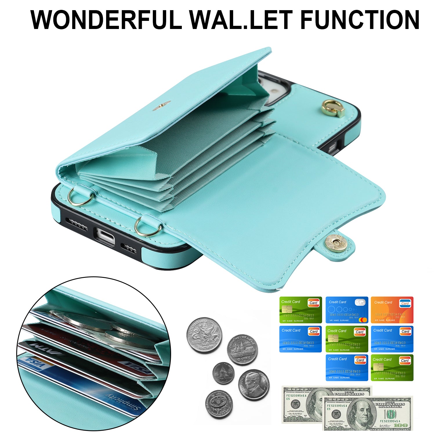 For iPhone 13 6.1 inch 14 Accordion Style Card Slots Phone Case Kickstand RFID Blocking Cover with Short Strap and Long Strap For iPhone 13 6.1 inch 14 Accordion Style Card Slots Phone Case Kickstand RFID Blocking Cover with Short Strap and Long Strap